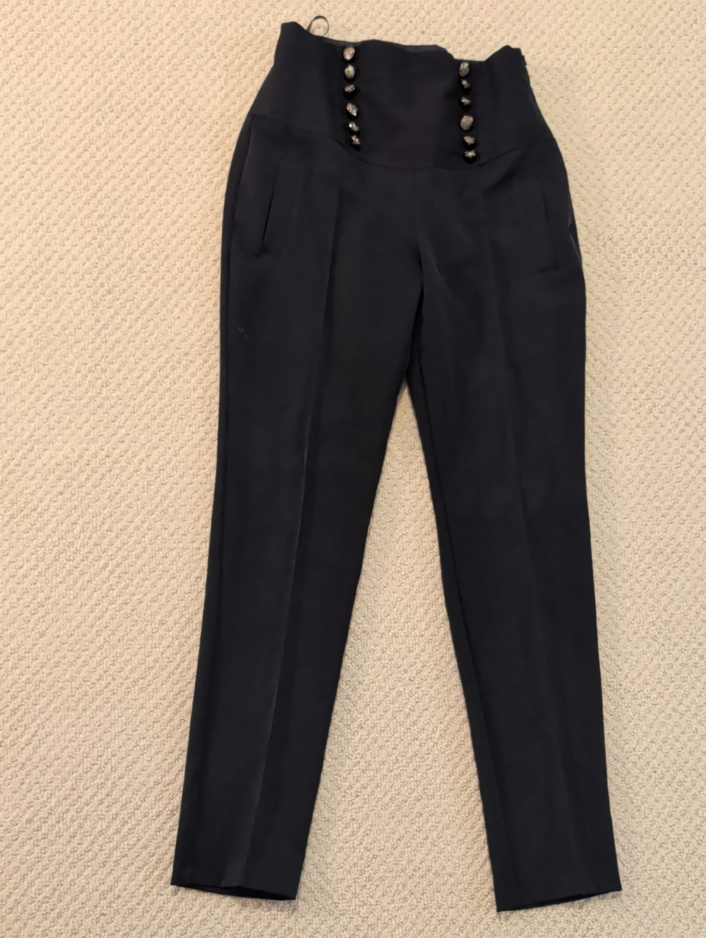 River Island Dark Navy High-Waist Straight-Leg Trousers with Decorative Buttons